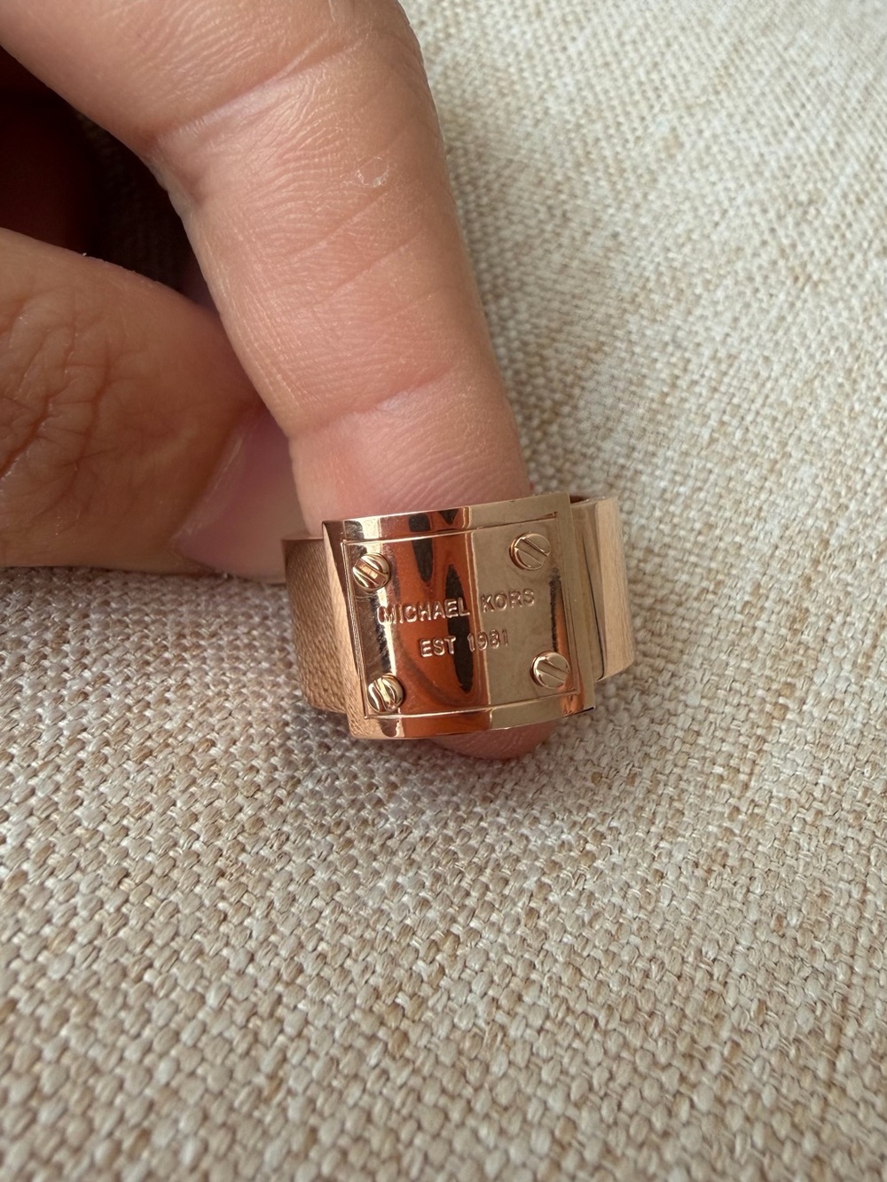 Michael Kors Rose Gold Wide Plate Ring with Screw Detail